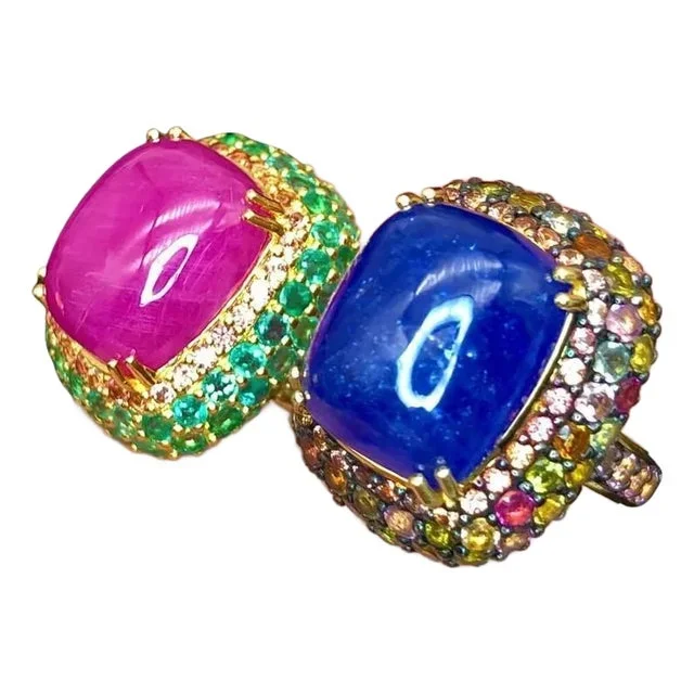 Bochic “Orient” Natural Emerald, Ruby & Sapphire Rings Set, 18K Gold & Silver, 2 pieces