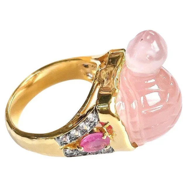 Bochic “Orient” Turtle Rose Quartz, Diamond & Ruby Ring In 18K Gold & Silver, Size 5.5