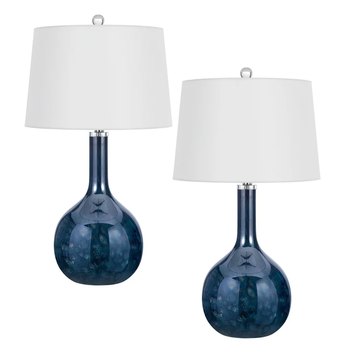 Cal Lighting Kemi 150W 3 way art glass table lamp with fabric taper drum shade. Priced and sold a pairs.
