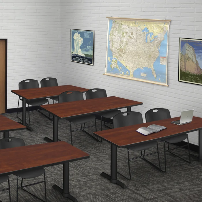 Cherry Training Table 72 x 24 & Black Stack Chairs (2) – Regency Seating
