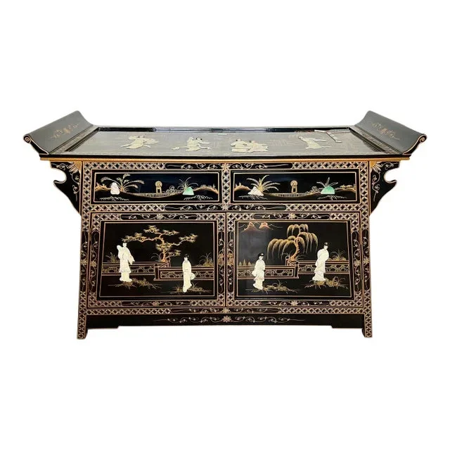 Chinoiserie Black Lacquer Altar Style Sideboard