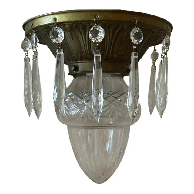 Circa 1910’s Cut Glass Flush Mount With Crystal Pendants