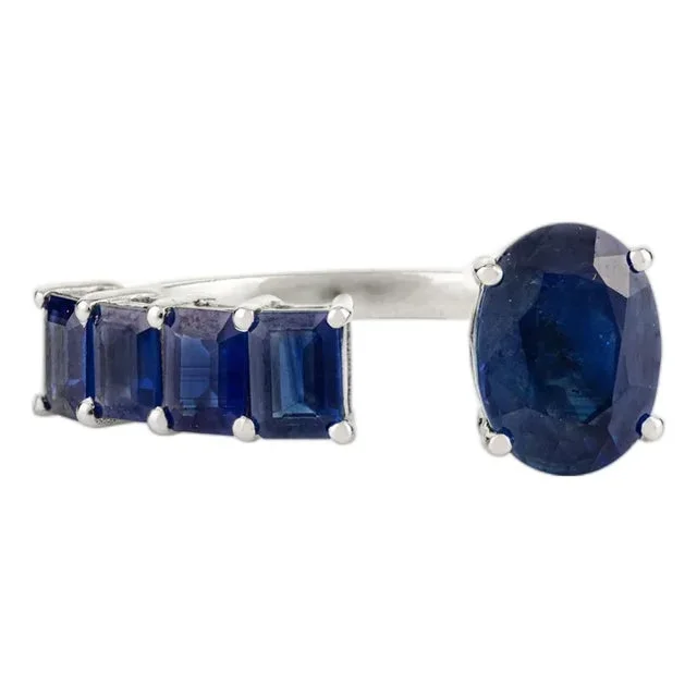 Contemporary 14k White Gold Sapphire Open Cocktail Ring Size 5