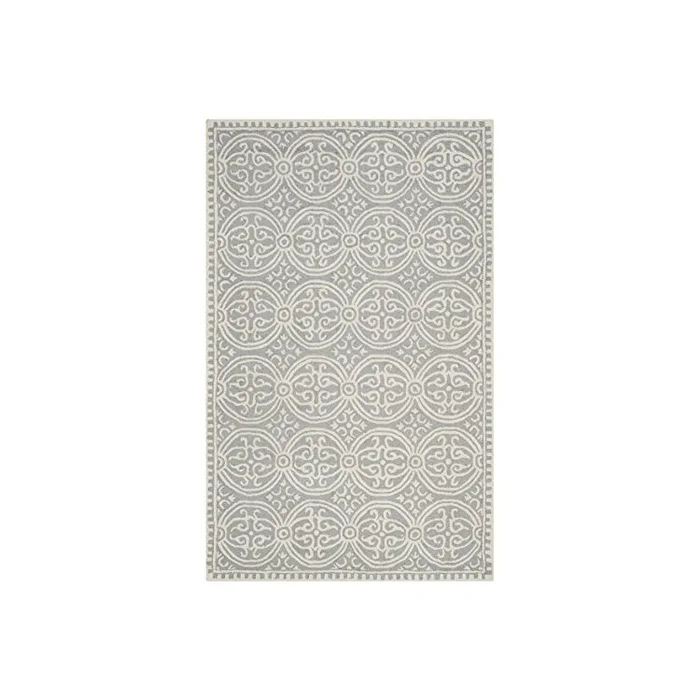 Contemporary Silver/Ivory Wool Pile Rug 9×6 Medium Rectangular Design