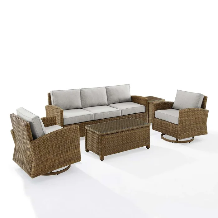 Crosley Furniture – Bradenton 5Pc Swivel Rocker And Sofa Set Gray/Weathered Brown – Sofa, Coffee Table, Side Table, & 2 Swivel Rockers – KO70425WB-GY