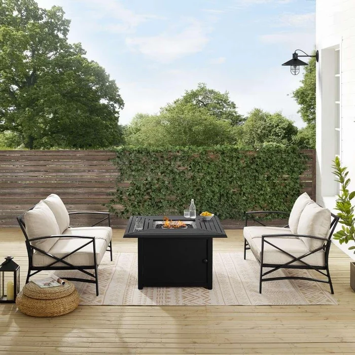 Crosley Furniture – Kaplan 3Pc Outdoor Metal Conversation Set W-Fire Table Oatmeal-Oil Rubbed Bronze – Dante Fire Table and 2 Loveseats – KO60038BZ-OL