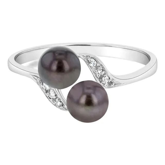 Cultured Black Pearl Diamond Ring 14k White Gold, Size 7