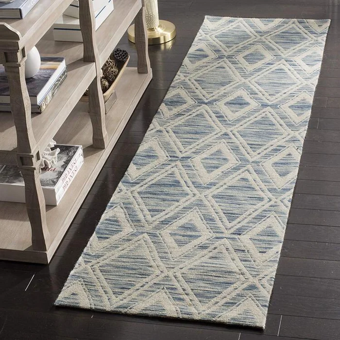 Dark Blue/Ivory Rectangle Cotton Pile Wool Area Rug 2×8′ – Safavieh