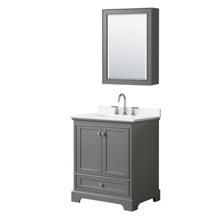 Dark Gray Bathroom Vanity with White Quartz Countertop & Chrome Trim