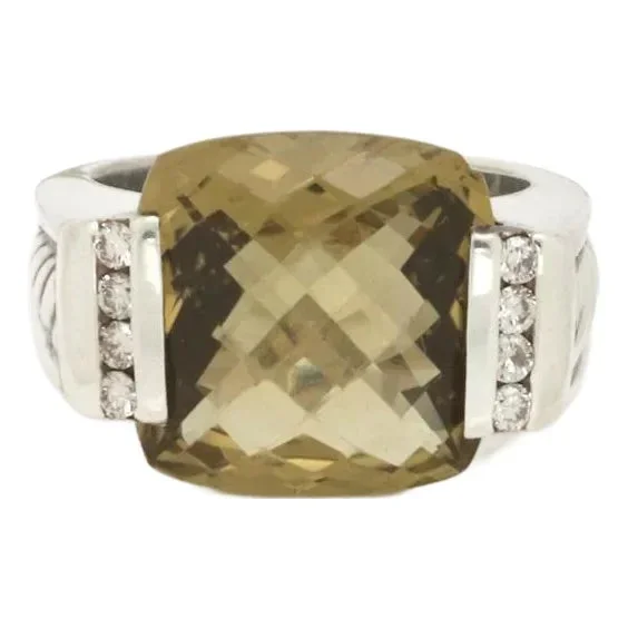 David Yurman Diamond Citrine Sterling Silver Cable Ring Size 7