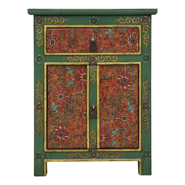 Distressed Green Orange Red Tibetan Floral End Table Nightstand