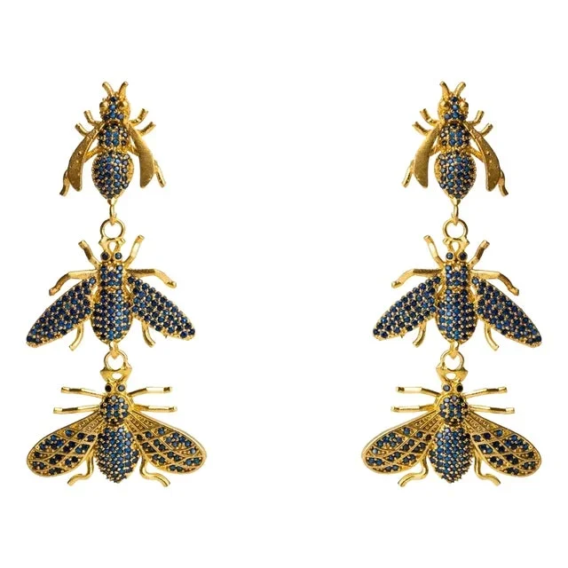 Divine Connection Trio Queen Bee Sapphire & Gold Dangle Earrings, 2 Pieces