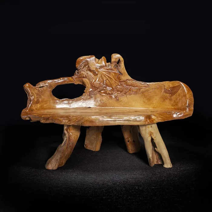 Dragon Carved Teak Root Bench