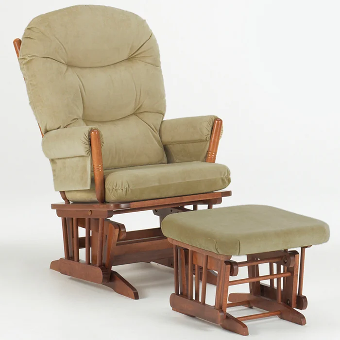 Dutailier 2 Post Glider & Ottoman Set in Harvest with Sage Green Microfiber Cushions