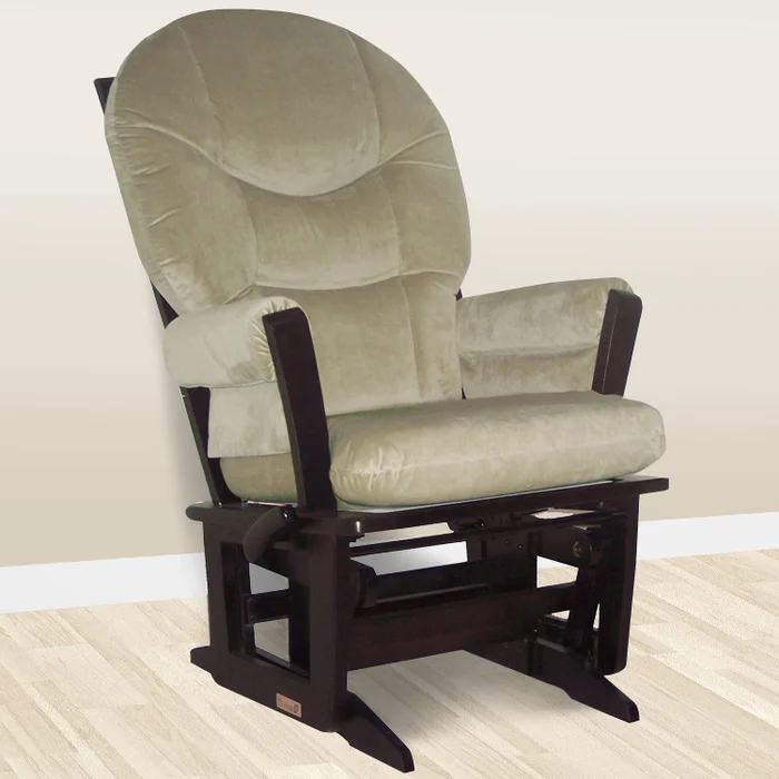 Dutailier Modern Reclining Glider in Espresso with Sage Green Microfiber Cushions