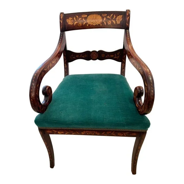 Dutch Marquetry Inlaid Armchair With Velvet Seat