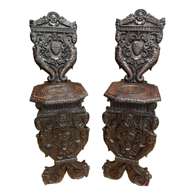 Early 18th Century Pair Of Antique Italian Carved Sgabello Chairs