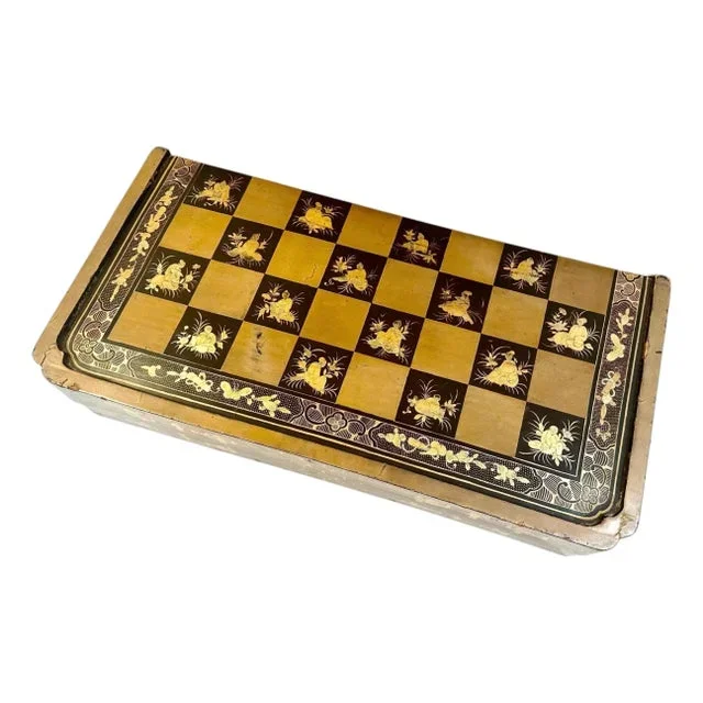 Early 19th Century Chinese Export Black Lacquer Folding Chess and Backgammon Box