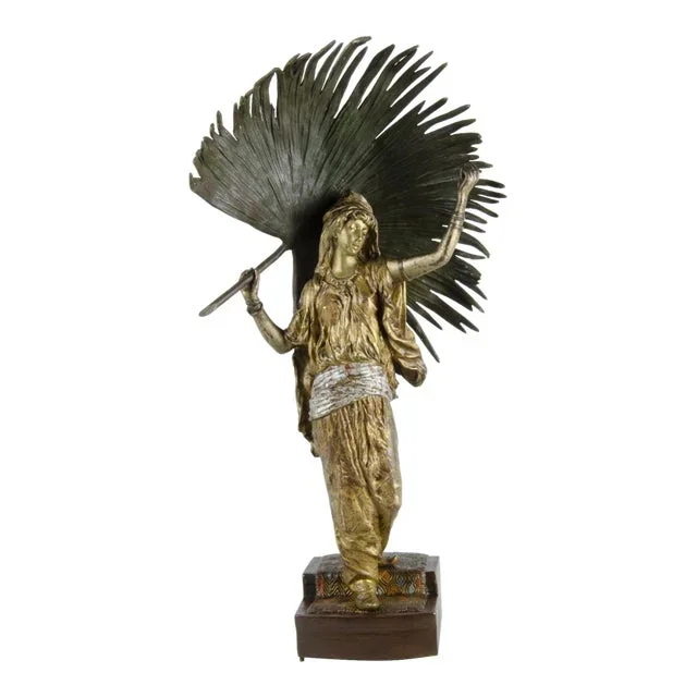 Early 20th Century Jugendstil Cold-Painted Bronze Sculpture of a Woman Holding a Palm Leaf by Franz Bergmann, Austria