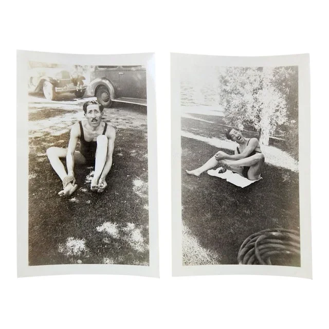 Early 20th Century Silly Man in Swimsuit Snapshot Photograph – A Pair
