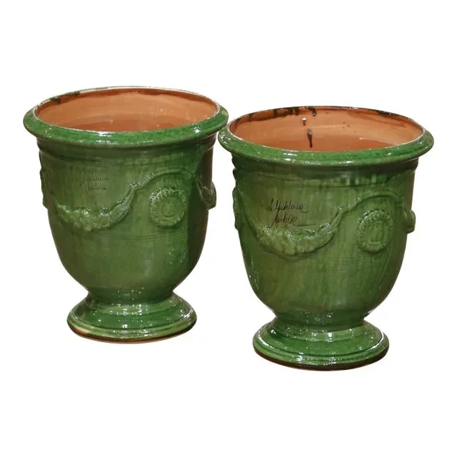 Early 21st Century French Handmade Green Glazed Terracotta Anduze Planters by La Madeleine – Set of 2