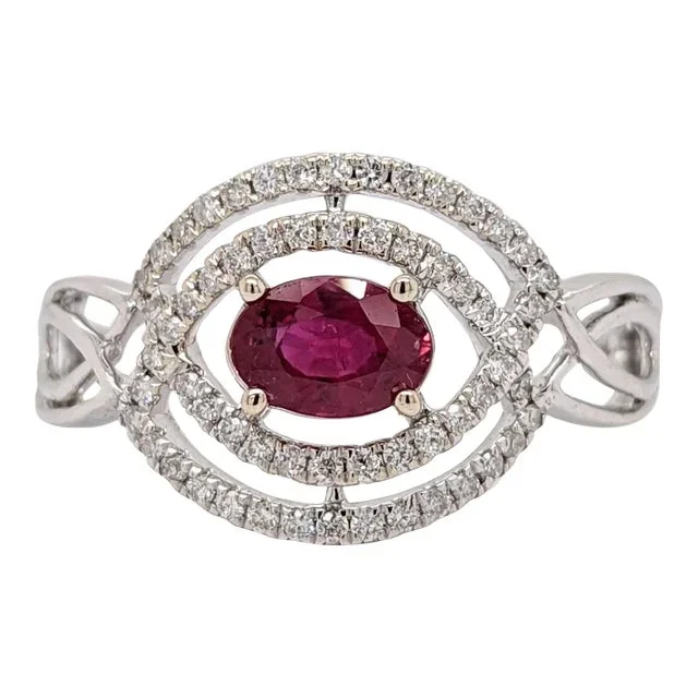 East West Red Ruby Ring with Earth Mined Diamond in Solid 14k White Gold Oval 6x4mm