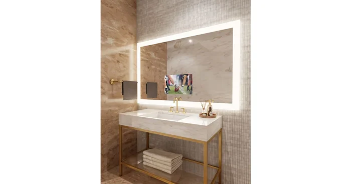 Electric Mirror Silhouette with 21″ TV 66″ W x 42″ H Rectangular Frameless Bathroom Wall Mirror with Light