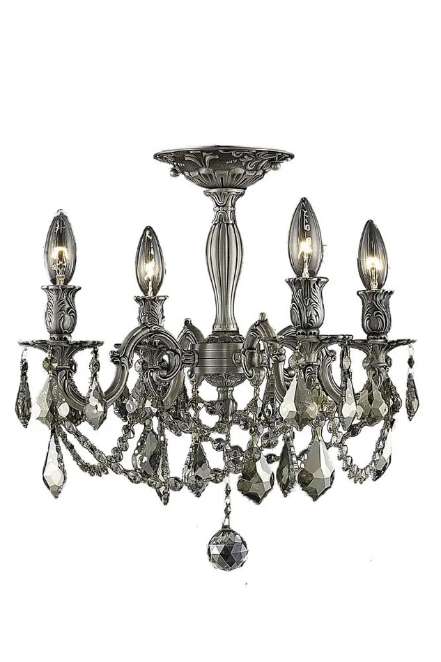 Elegant Furniture & Lighting – Rosalia 4 light Pewter Flush Mount Golden Teak (Smoky) Royal Cut Crystal – 9204F17PW-GT/RC
