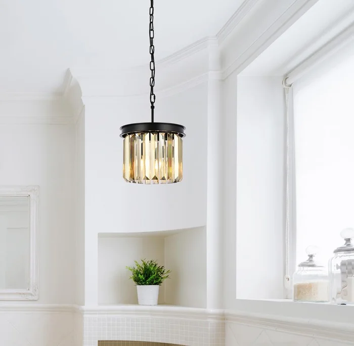 Elegant Furniture & Lighting – Sydney 3 light Matte Black Pendant Golden Teak (Smoky) Royal Cut Crystal – 1238D12MB-GT/RC