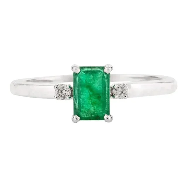 Emerald Diamond Three Stone Contemporary Ring Size 7