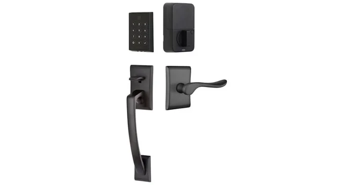 Emtek Empowered 2 Ares Left Handed Sectional Electronic Touchpad/Fingerprint Key Free Entry Handleset with Luzern Interior Lever and Bluetooth/WiFi