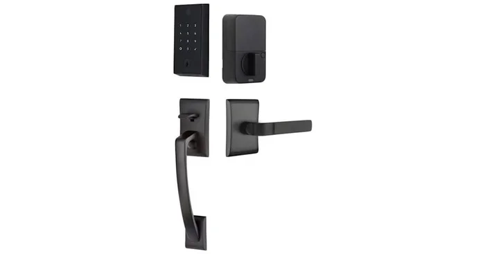 Emtek Empowered 2 Ares Left Handed Sectional Electronic Touchpad/Fingerprint Keyless Entry Handleset with Aston Interior Lever and Bluetooth/WiFi