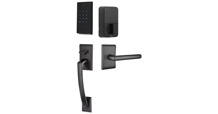 Emtek Empowered 2 Ares Left Handed Sectional Electronic Touchpad/Fingerprint Keyless Entry Handleset with Stuttgart Interior Lever and Bluetooth/WiFi
