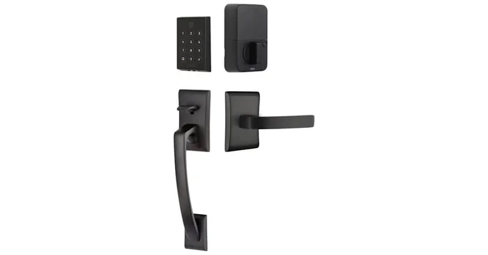 Emtek Empowered 2 Ares Right Handed Sectional Electronic Touchpad/Fingerprint Key Free Entry Handleset with Breslin Interior Lever and Bluetooth/WiFi
