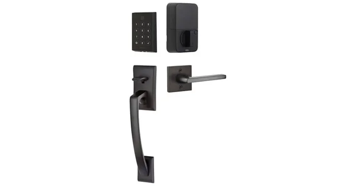 Emtek Empowered 2 Ares Right Handed Sectional Electronic Touchpad/Fingerprint Key Free Entry Handleset with Helios Interior Lever and Bluetooth/WiFi
