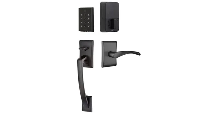 Emtek Empowered 2 Ares Right Handed Sectional Electronic Touchpad/Fingerprint Key Free Entry Handleset with Triton Interior Lever and Bluetooth/WiFi
