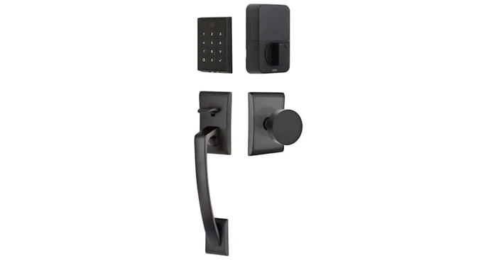 Emtek Empowered 2 Ares Sectional Electronic Touchpad/Fingerprint Key Free Entry Handleset with Round Interior Knob and Bluetooth/WiFi