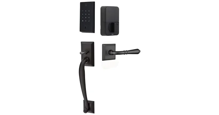 Emtek Empowered 2 Franklin Left Handed Sectional Electronic Touchpad/Fingerprint Keyless Entry Handleset with Turino Interior Lever and Bluetooth/WiFi