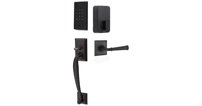 Emtek Empowered 2 Franklin Right Handed Sectional Electronic Touchpad/Fingerprint Keyless Entry Handleset with Manning Interior Lever with Bluetooth