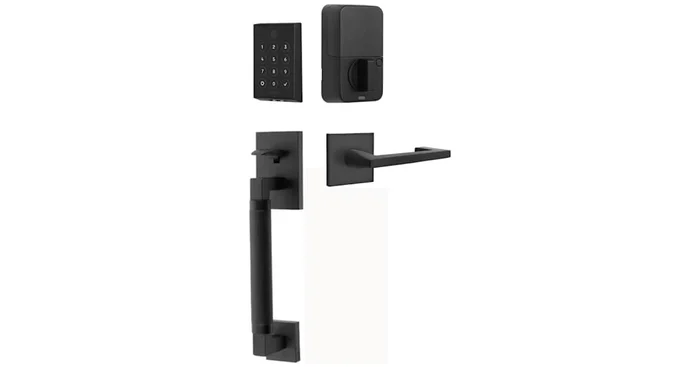 Emtek Empowered 2 Hercules Knurled Left Handed Sectional Touchpad/Fingerprint Key Free Entry Handleset with Argos Interior Lever and Bluetooth/WiFi