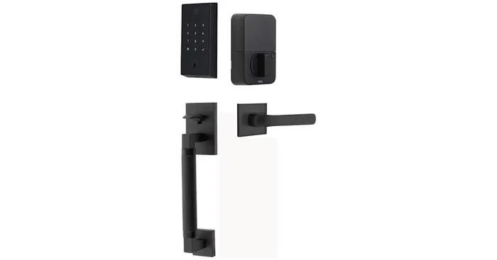 Emtek Empowered 2 Hercules Knurled Left Handed Sectional Touchpad/Fingerprint Keyless Entry Handleset with Spencer Interior Lever and Bluetooth/WiFi