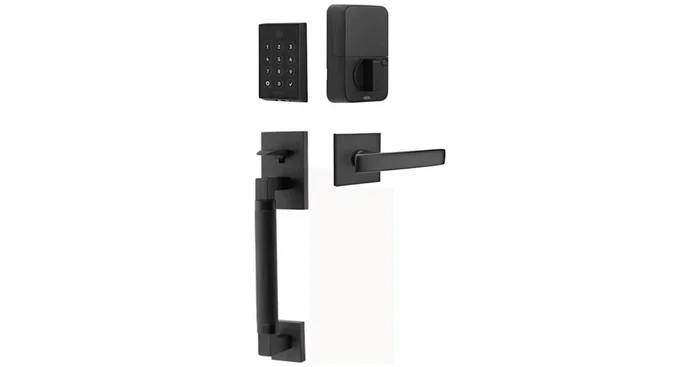Emtek Empowered 2 Hercules Knurled Right Handed Sectional Touchpad/Fingerprint Key Free Entry Handleset with Geneva Interior Lever and Bluetooth/WiFi