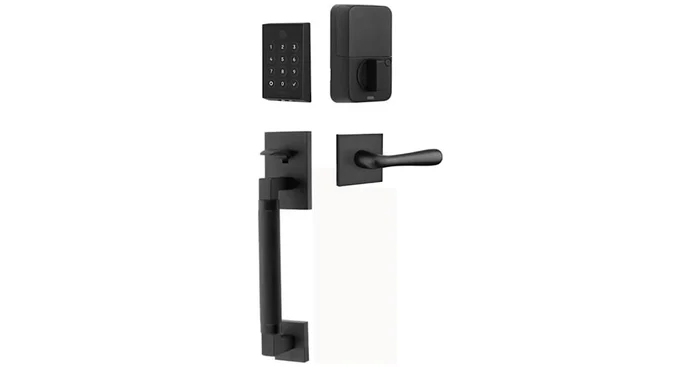Emtek Empowered 2 Hercules Knurled Right Handed Sectional Touchpad/Fingerprint Key Free Entry Handleset with Basel Interior Lever and Bluetooth/WiFi