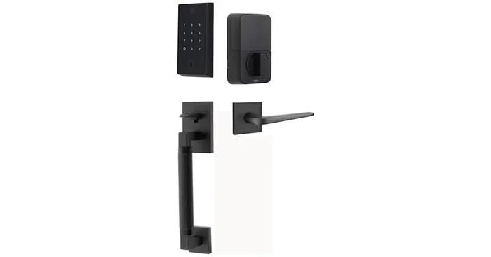 Emtek Empowered 2 Hercules Knurled Right Handed Sectional Touchpad/Fingerprint Keyless Entry Handleset with Athena Interior Lever and Bluetooth/WiFi