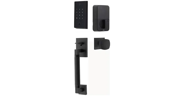 Emtek Empowered 2 Hercules Knurled Sectional Electronic Touchpad/Fingerprint Keyless Entry Handleset with Freestone Interior Knob and Bluetooth/WiFi