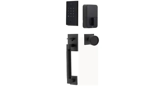 Emtek Empowered 2 Hercules Knurled Sectional Electronic Touchpad/Fingerprint Keyless Entry Handleset with Verve Interior Knob with Bluetooth