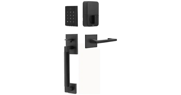 Emtek Empowered 2 Hercules Smooth Right Handed Sectional Touchpad/Fingerprint Key Free Entry Handleset with Argos Interior Lever and Bluetooth/WiFi