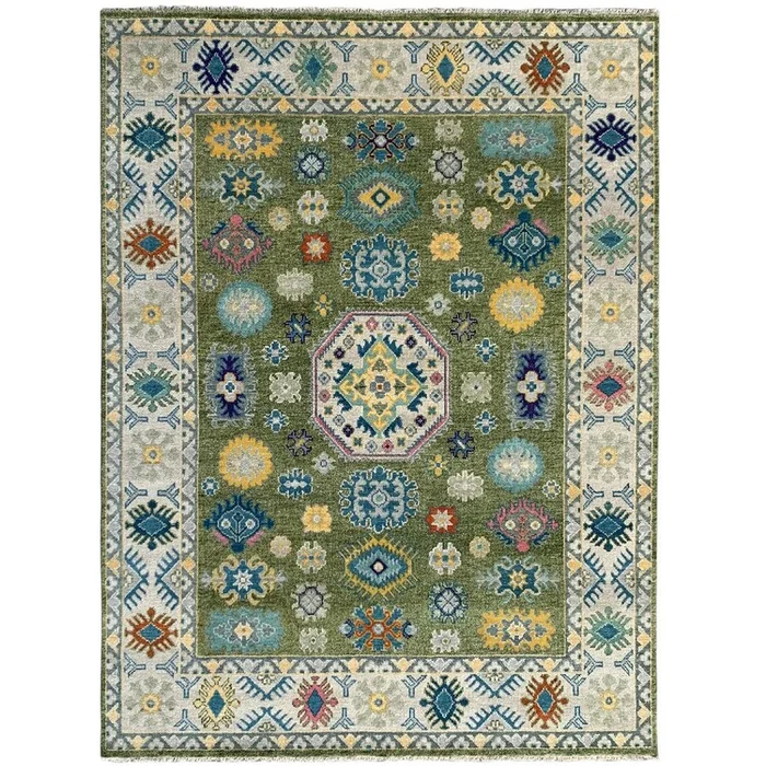 EORC KC15108LGN6X9 Hand Knotted Wool Kazak Collection Rug, 6′ x 9′, LT.Green / Beige Area Rug
