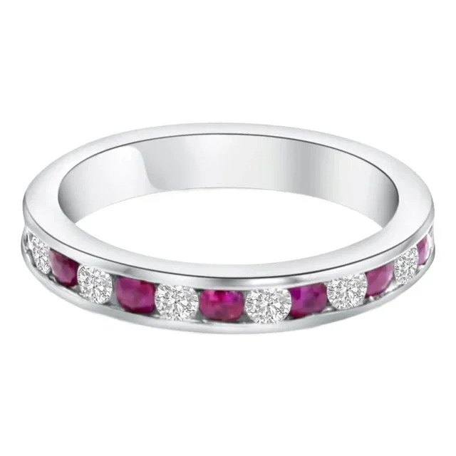 Eternity Diamond & Ruby Wedding Band 1.00cttw 14k White Gold, Size 7.5