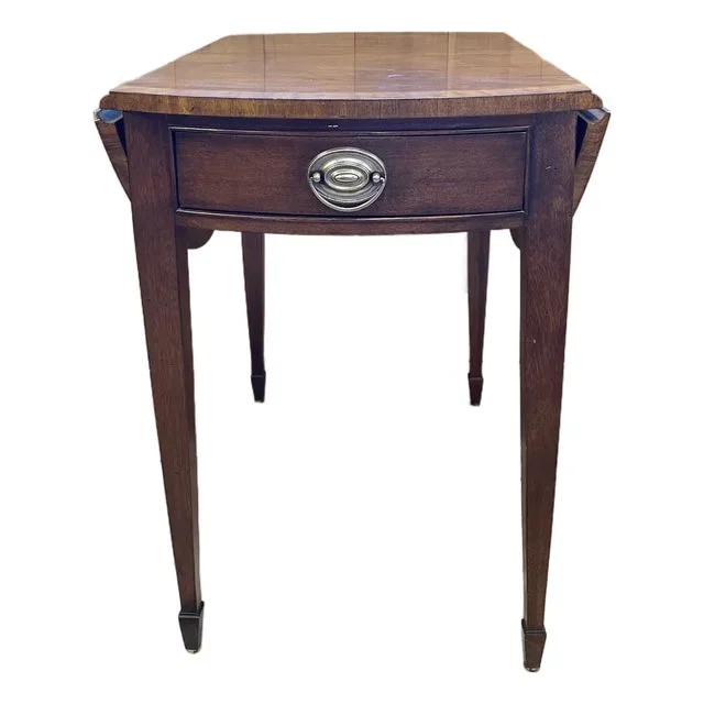 Ethan Allen Mahogany Drop-Leaf Side Table With Brass Pull and Inlay